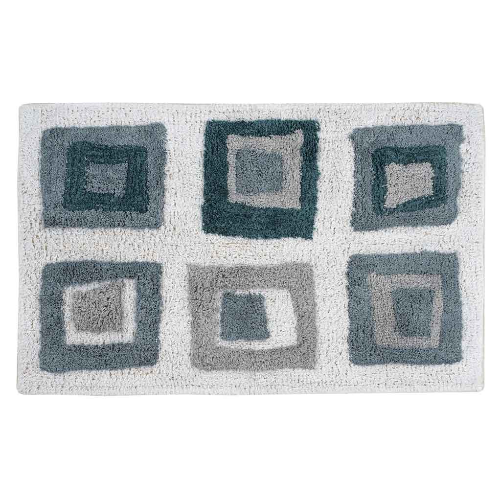 Alfombra de baño con estampado blanco, azul y gris