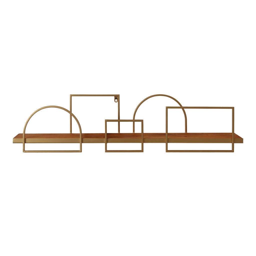 Estante flotante de madera con diseño geométrico de metal dorado