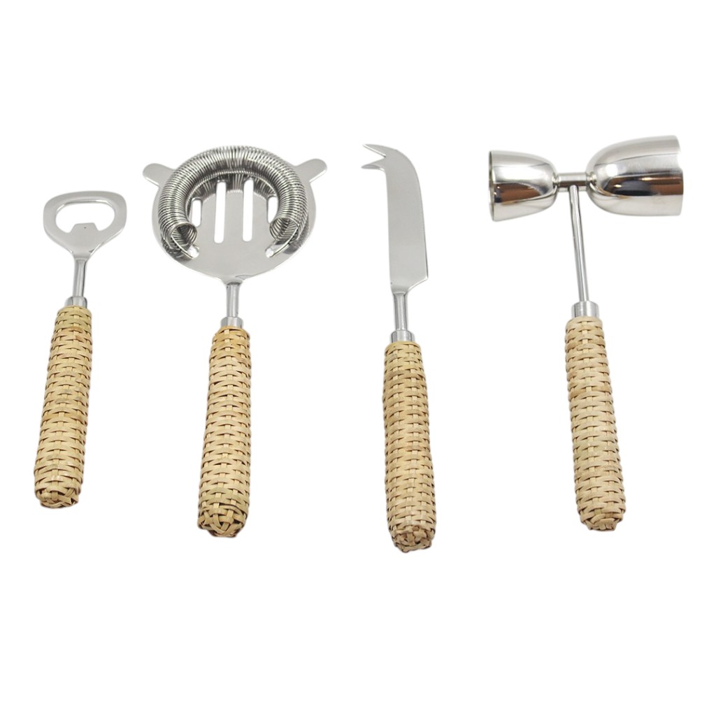 Juego De Utensilios De Bar 4Pzs Mangos De Rattan