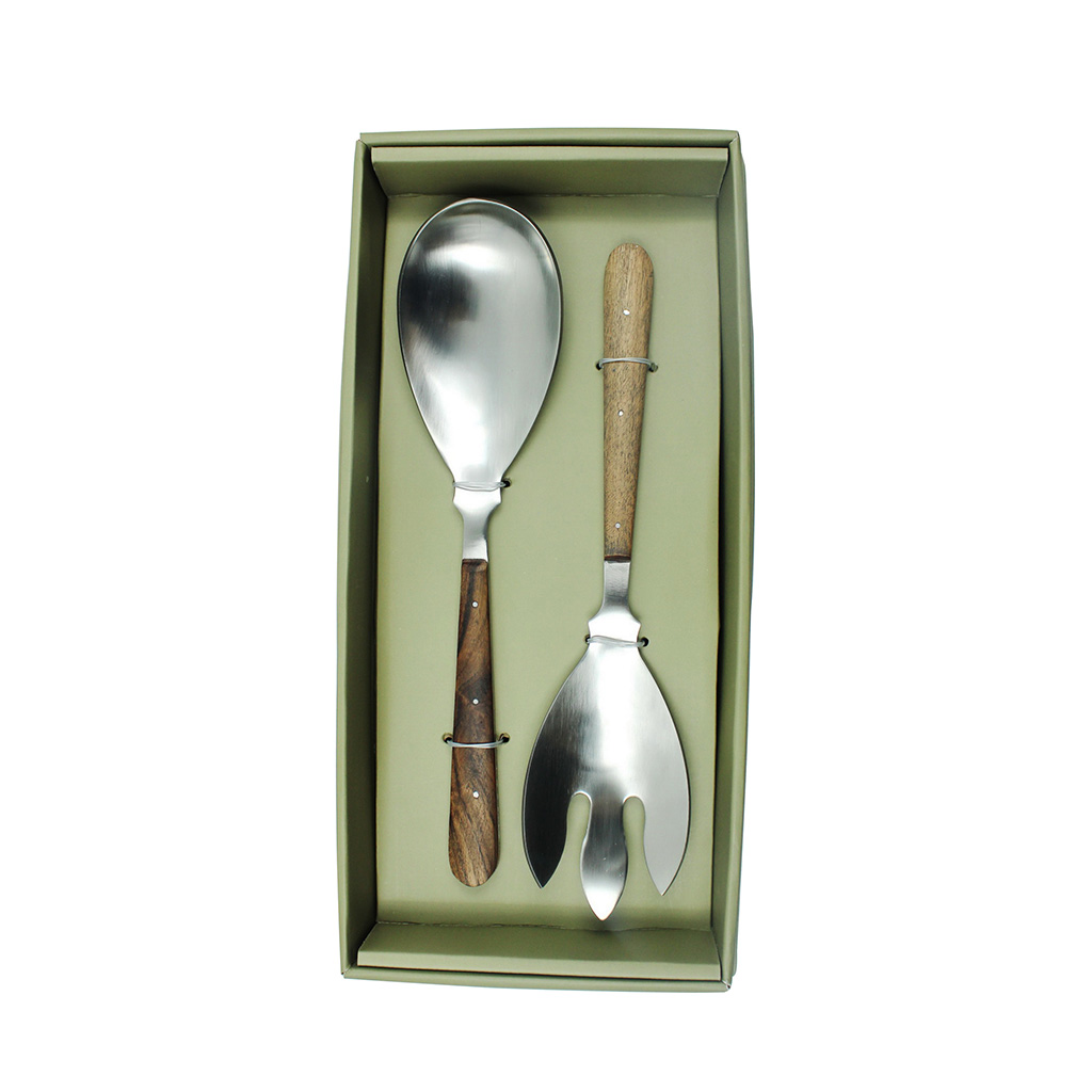 Set 2 Pcs De Cubiertos Para Ensalada Con Asas De Madera