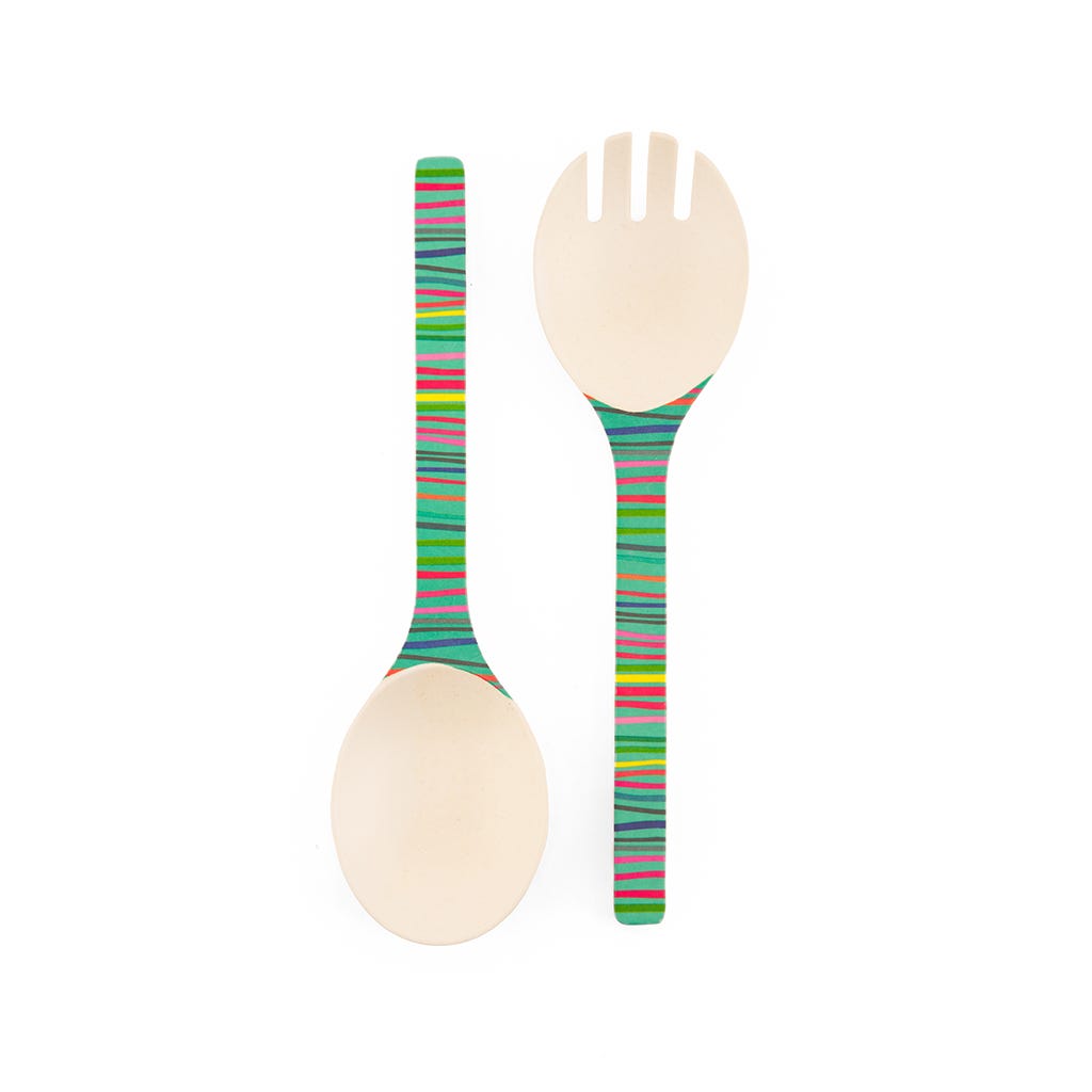 Cubiertos para ensaladas estampada de líneas coloridas 2 piezas