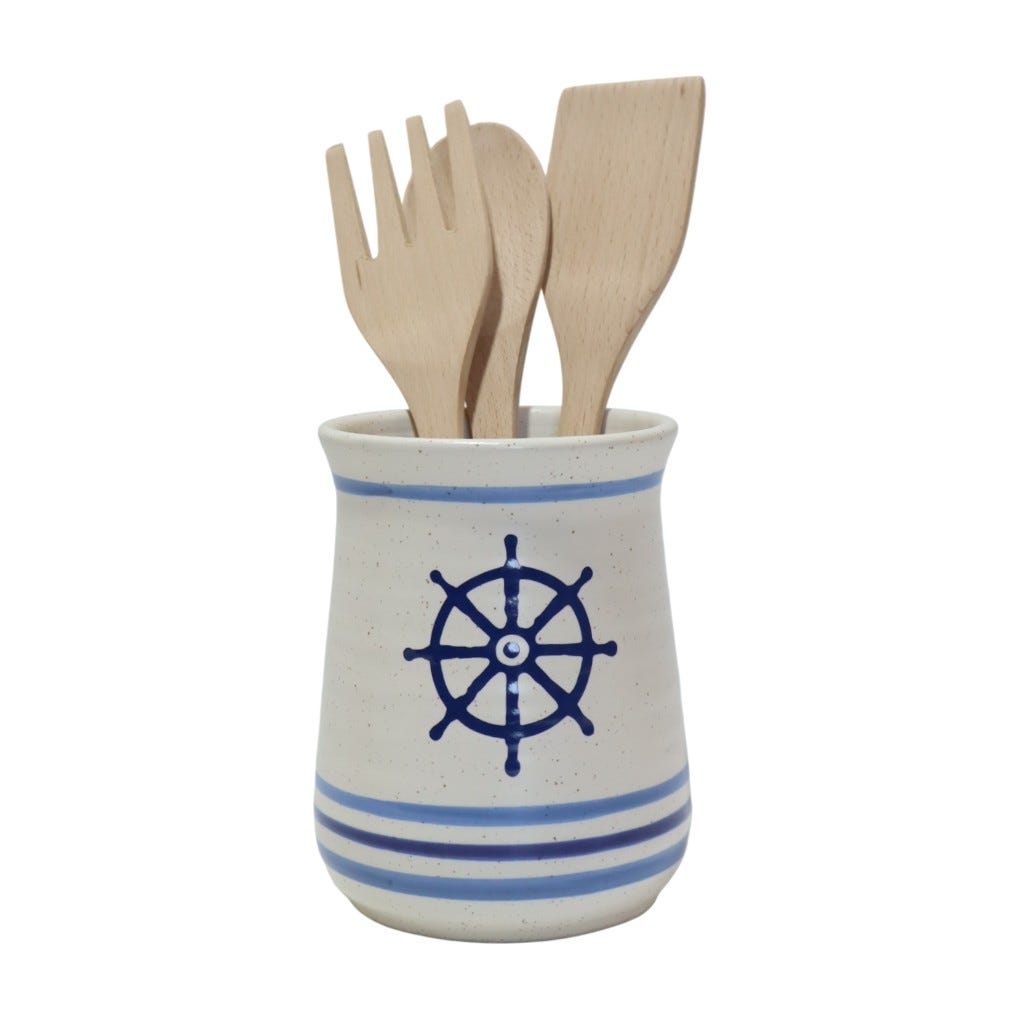 Set De 4 Utensilios Con Soporte Blanco Estampado De Ancla