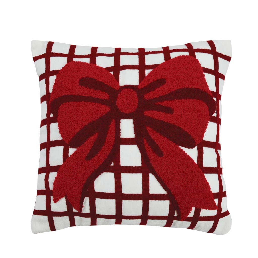 Cojín Blanco De Cuadros Y Lazo Rojo 45X45Cm