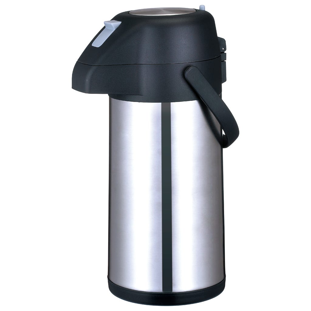 Botella para café plateado de acero inoxidable con 3 litros.