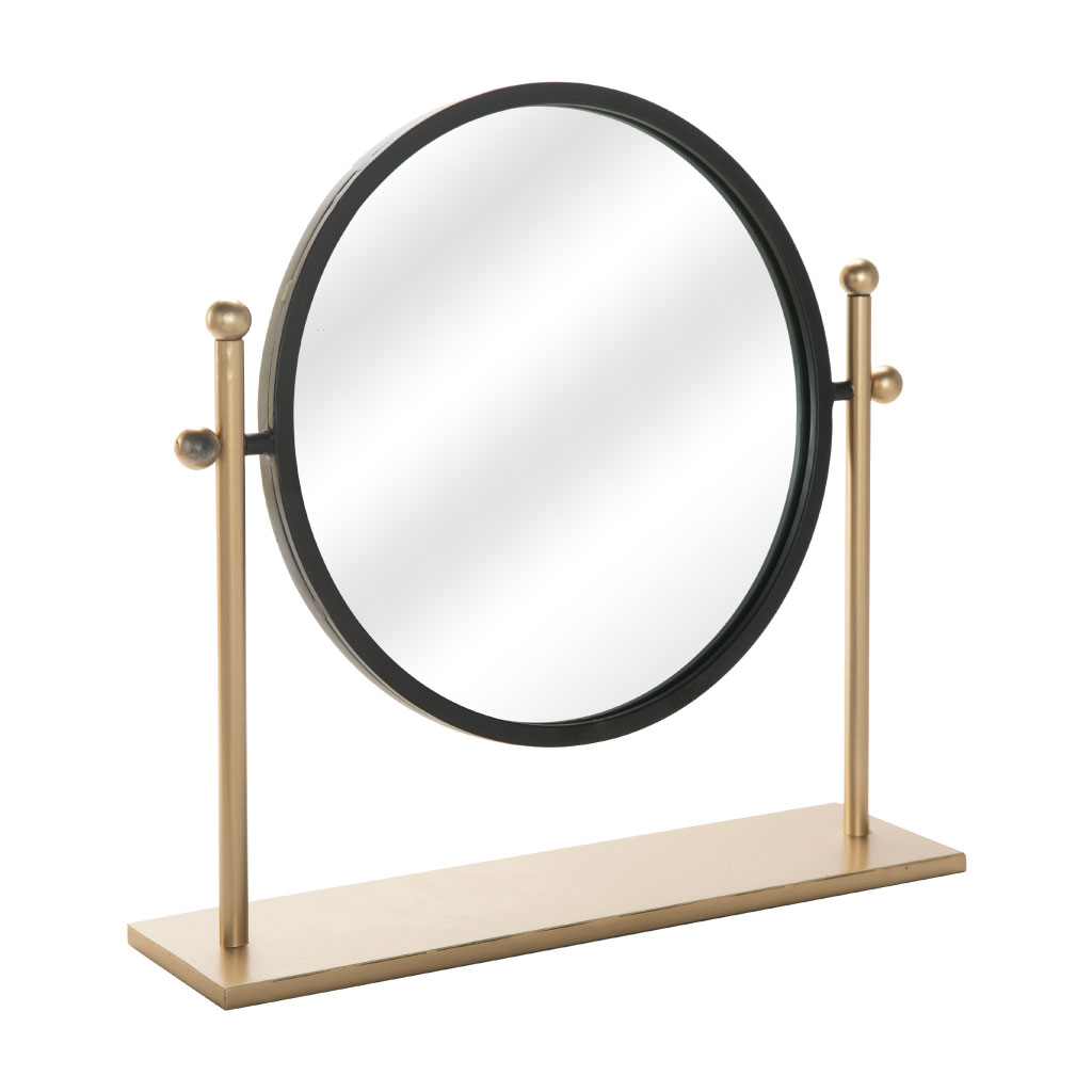 Espejo redondo tocador de mesa negro con base de metal dorada