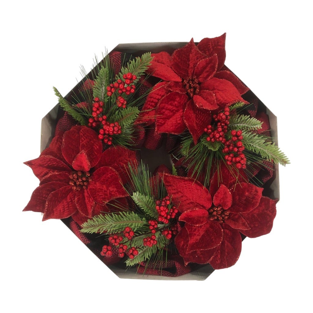 Corona Con Poinsettia Rojas Con Luces 50Cm
