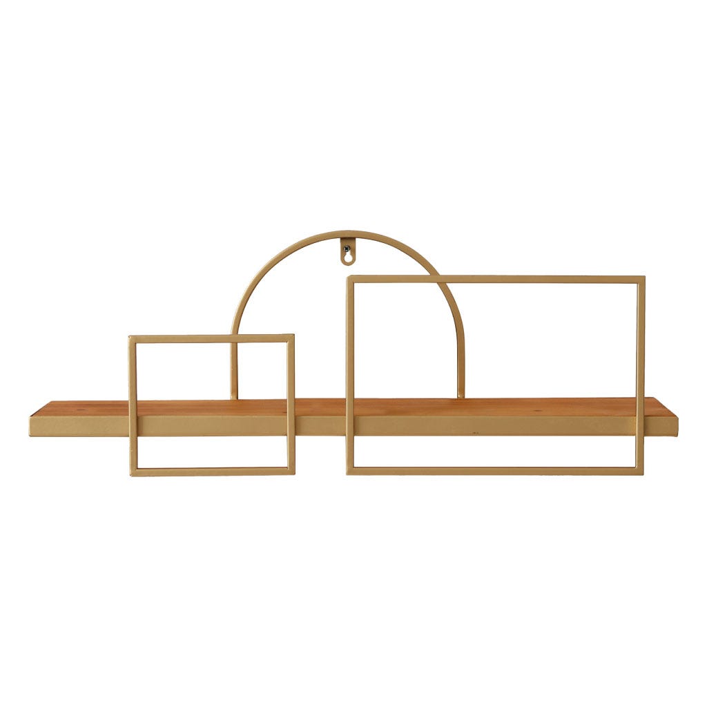 Estante flotante de madera con diseño cuadrado de metal dorado