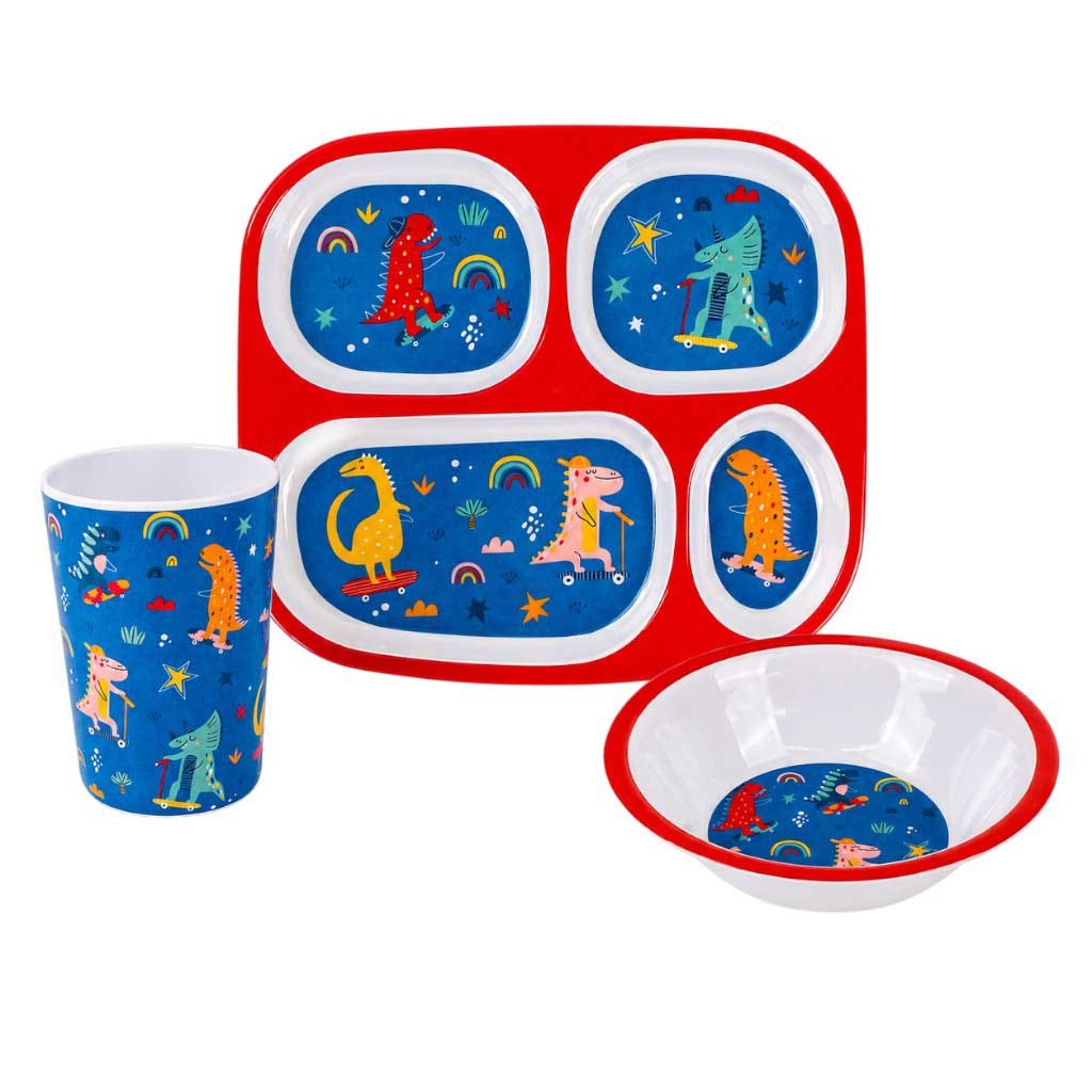 Juego De Vajillas Infantil Estampado De Dinosaurios 3 Pzas
